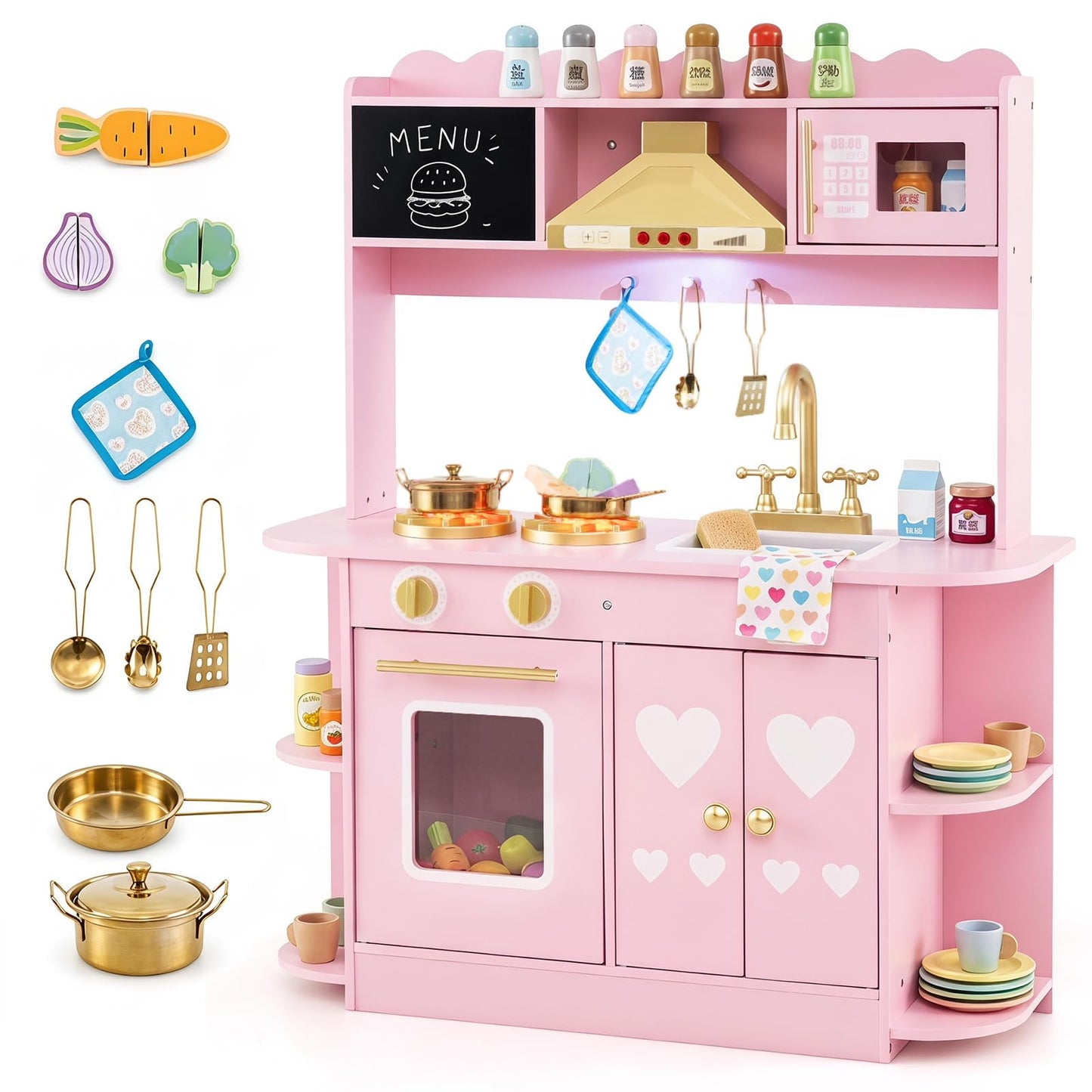 Kids Play Kitchen, Wooden Toy Kitchen with Stoves, Range Hood, Oven
