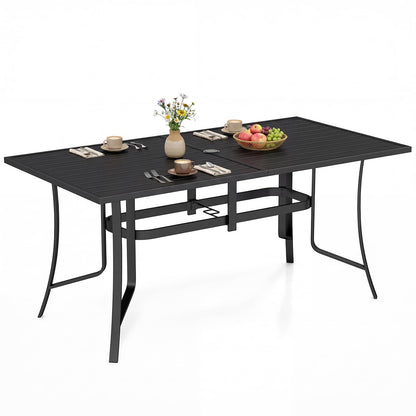 Patio Dining Table for 6 160CM Rectangle Metal Slat Table with Umbrella Hole