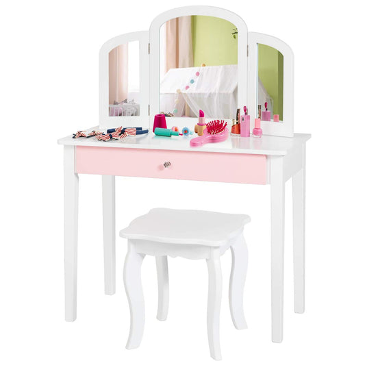 Kids Vanity Table and Stool Set Princess Makeup Dressing Table