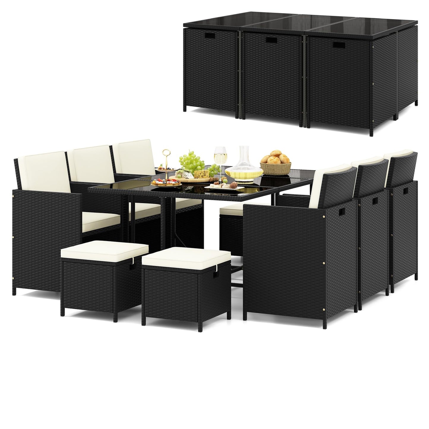 11 Pieces Patio Dining Set with Ottomans for Garden Yard Poolside