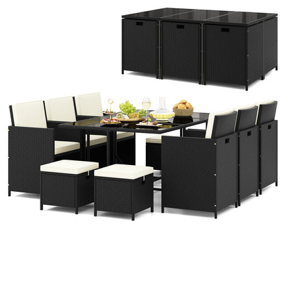 11 Pieces Patio Dining Set with Ottomans for Garden Yard Poolside