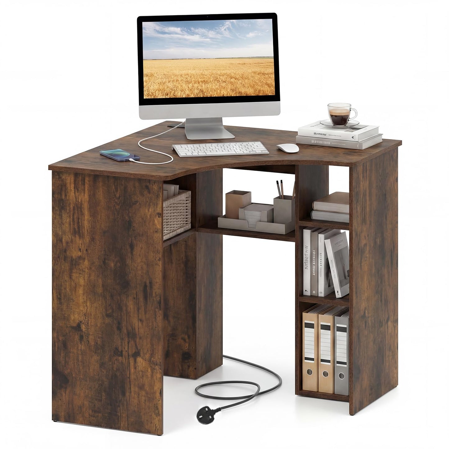 Charging Station and Storage Shelves, Space-Saving Wooden Gaming PC Laptop Table
