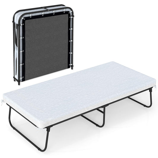 Cot Size Folding Bed with Mattress Heavy-Duty Metal Frame