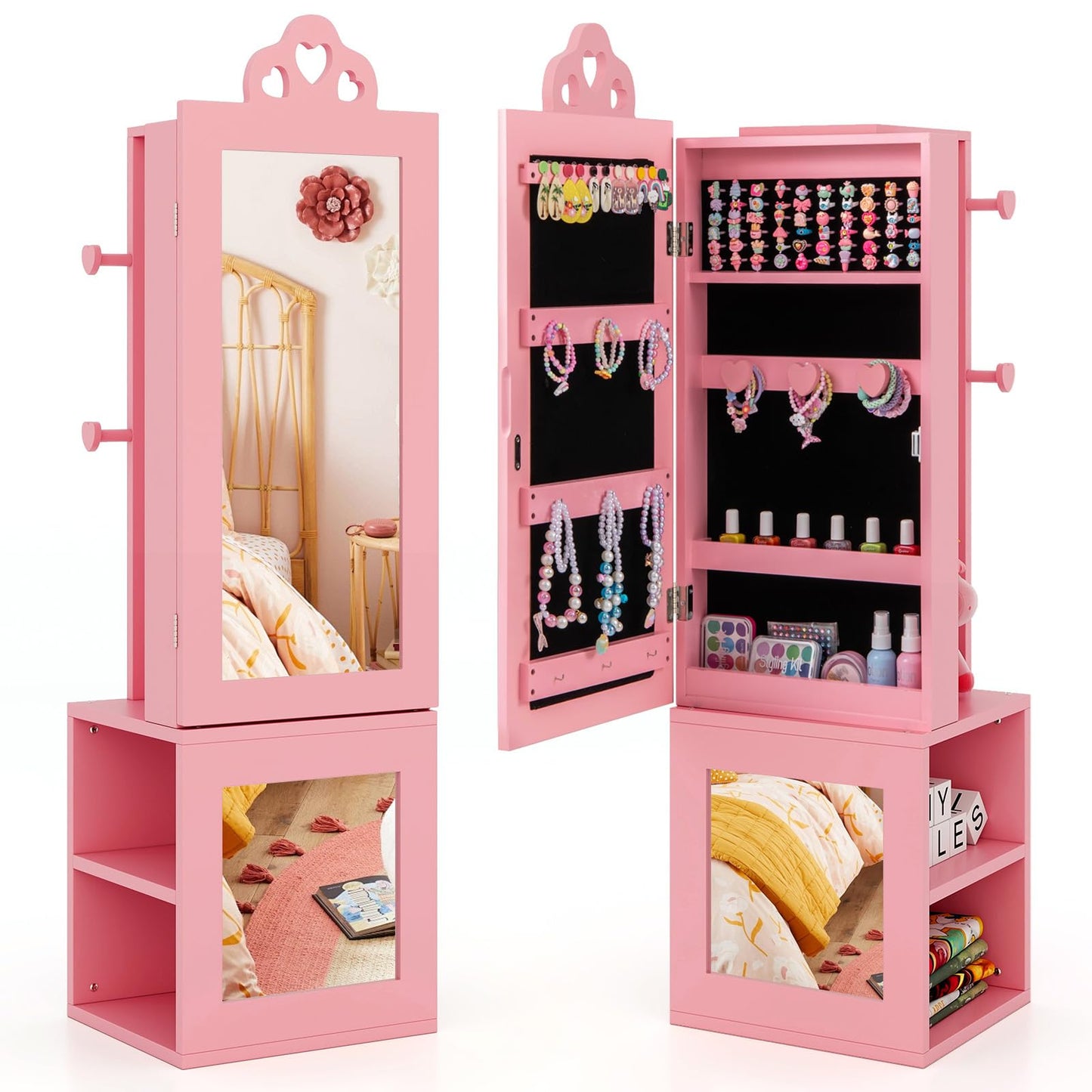 Kids Jewelry Armoire Full Length Mirror with Coat Rack and Storage Shelves