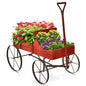 GiantexUK Wooden Wagon Garden Planter, Flower Cart with Long Handle and Flexible Wheels