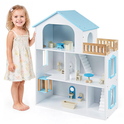 3-Story Wooden Dollhouse Playset with 5 Rooms and Furniture Accessories