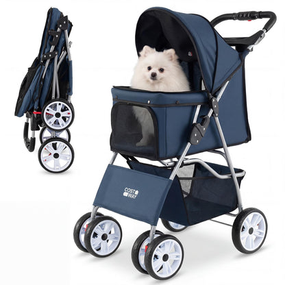 Pet Stroller, 4 Wheels Foldable Dog Pushchair Cat Pram with Adjustable Canopy