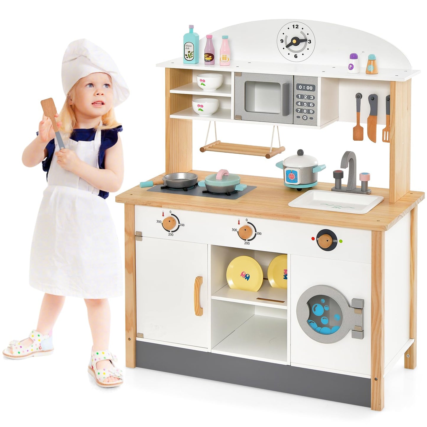 Wooden Kids Play Kitchen, Chef Pretend Toy Kitchen with Clock