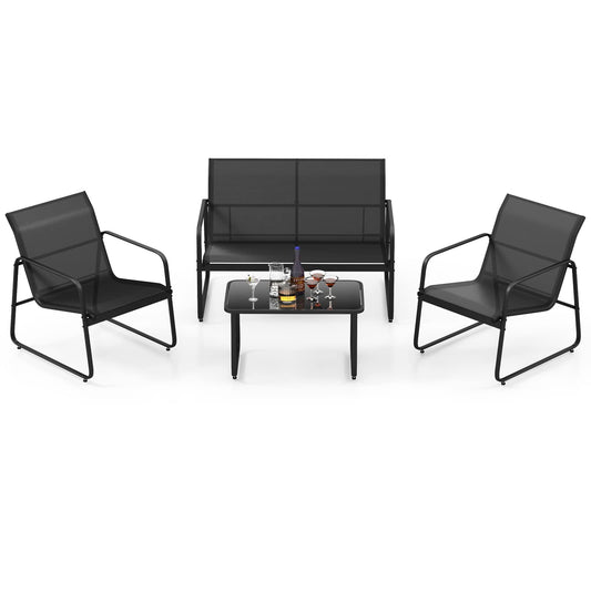 Metal Frame Conversation Set with Loveseat & Glass Coffee Table
