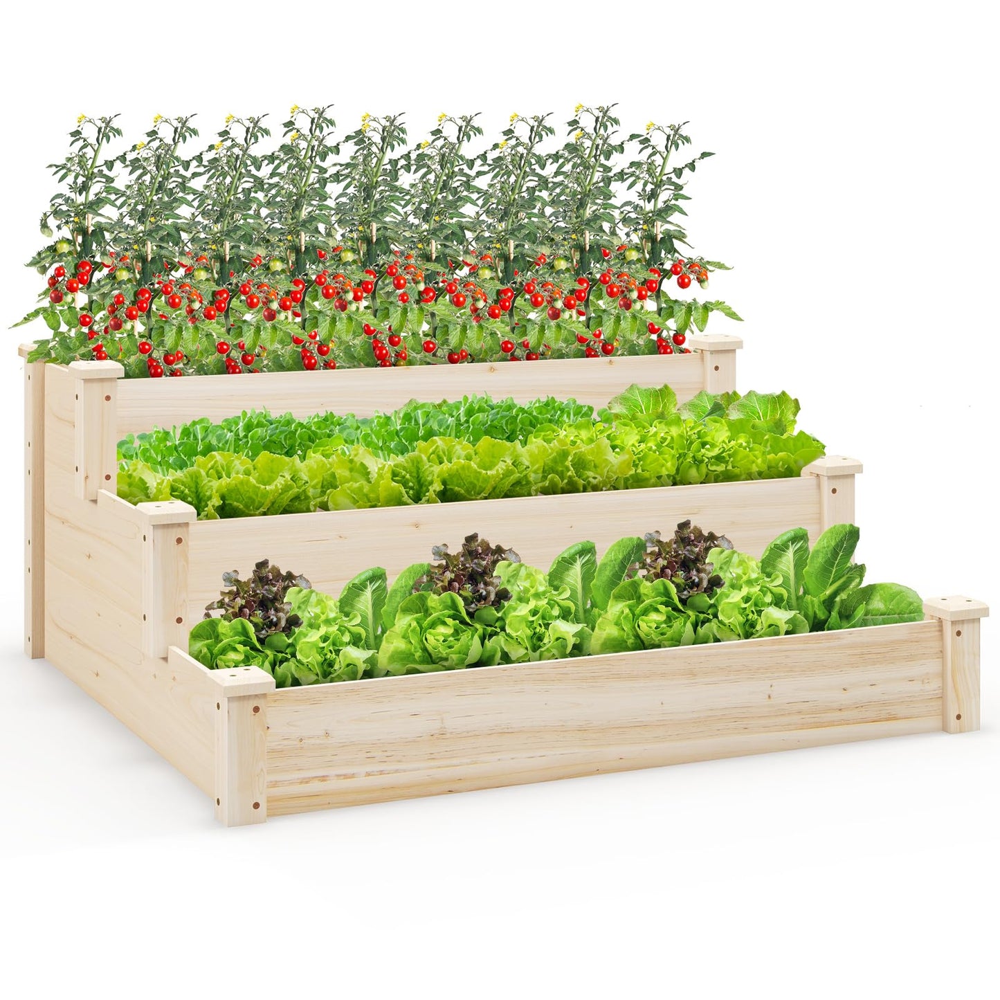 3-tier Fir Wood Raised Garden Bed with Open-ended Base