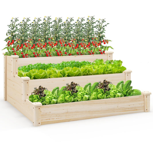 3-tier Fir Wood Raised Garden Bed with Open-ended Base