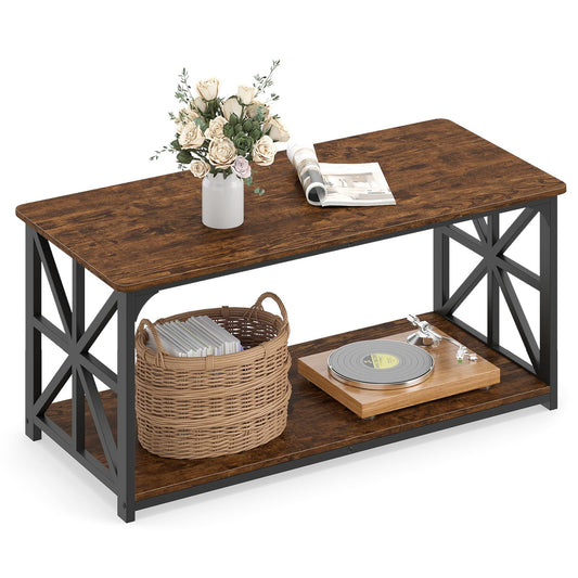 Coffee Table Industrial Farmhouse Accent Table with Open Storage Shelf