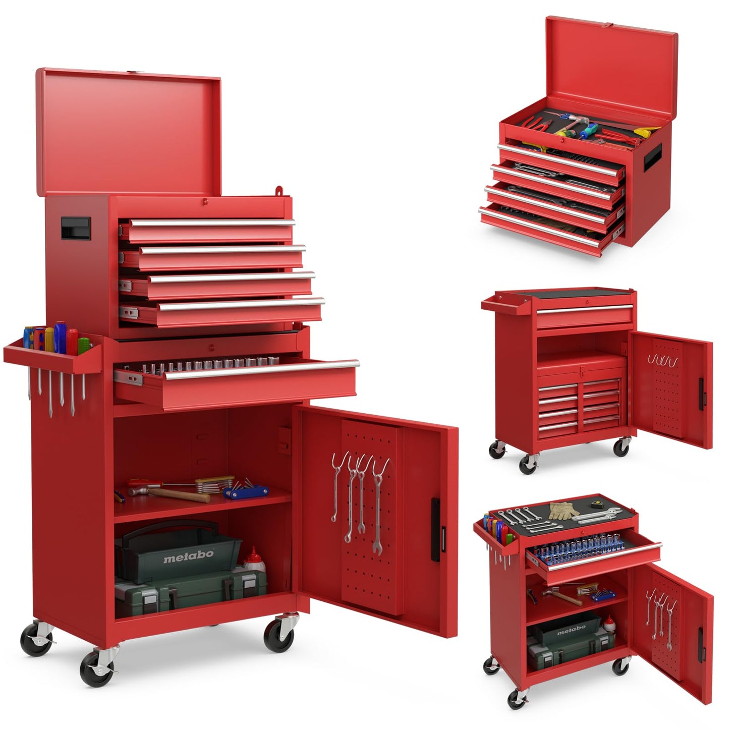 2 in 1 Lockable Metal Tool Chest with Removable Top Cabinet (with Adjustable Shelf)