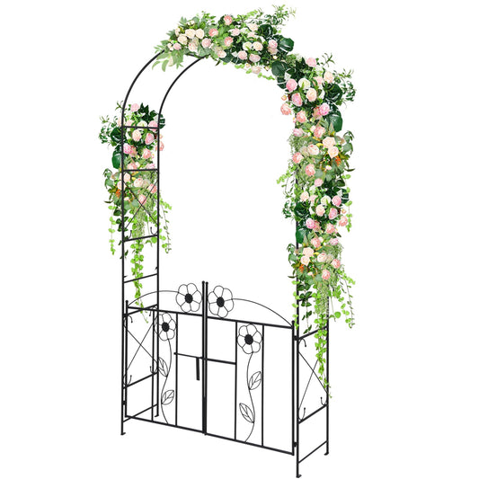 Garden Arch with Gate, Metal Pergola Arbor Trellis for Climbing Plant Rose Vines