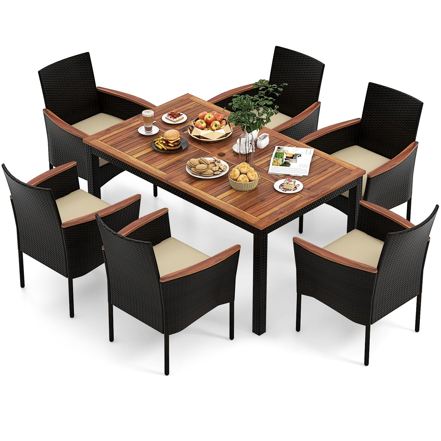 7 Pieces PE Rattan Outdoor Patio Dining Set for Yard Garden and Poolside