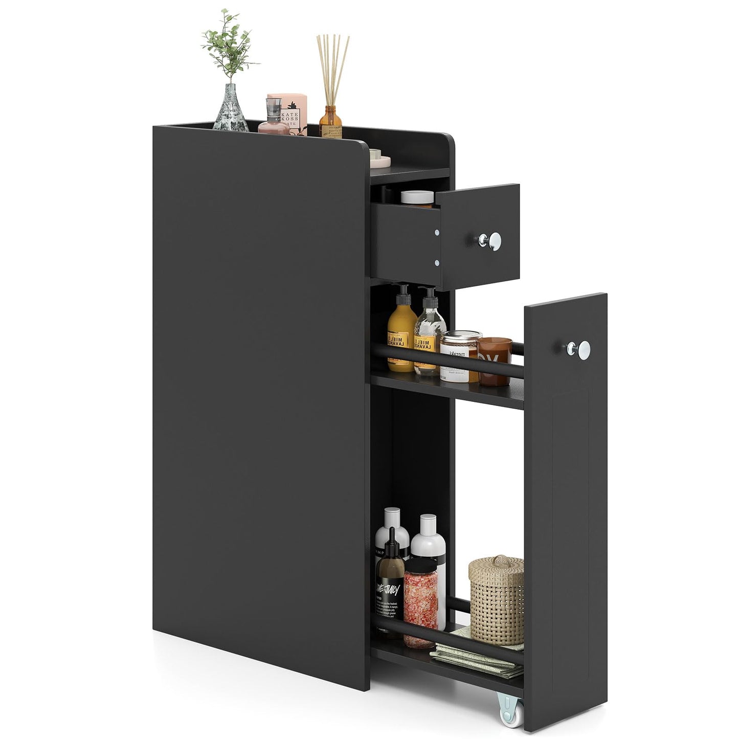 Small Bathroom Storage Cabinet 4-Tier Narrow Toilet Side Storage Cabinet with Slide Out Drawers on Casters