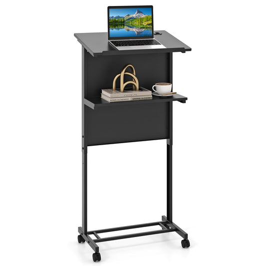3-Position Height Adjustable Rolling Podium Stand with Tilted Tabletop