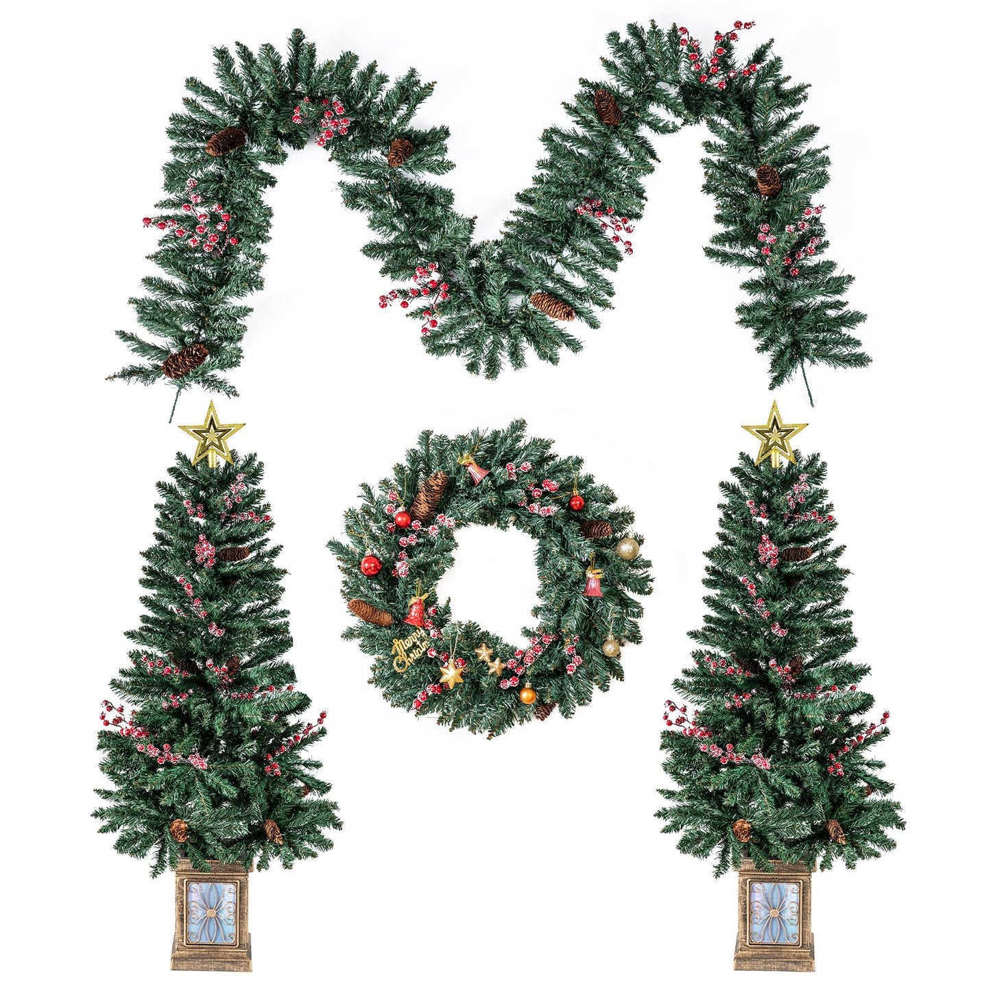 2 Pack Entrances Trees with Garland and Wreath Potted Christmas Tree Set of 4
