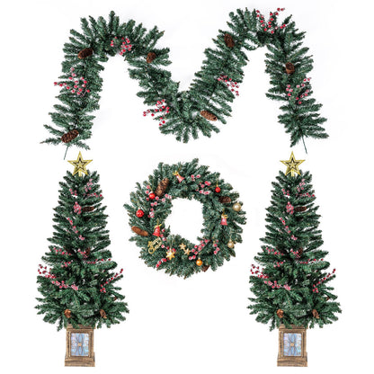2 Pack Entrances Trees with Garland and Wreath Potted Christmas Tree Set of 4