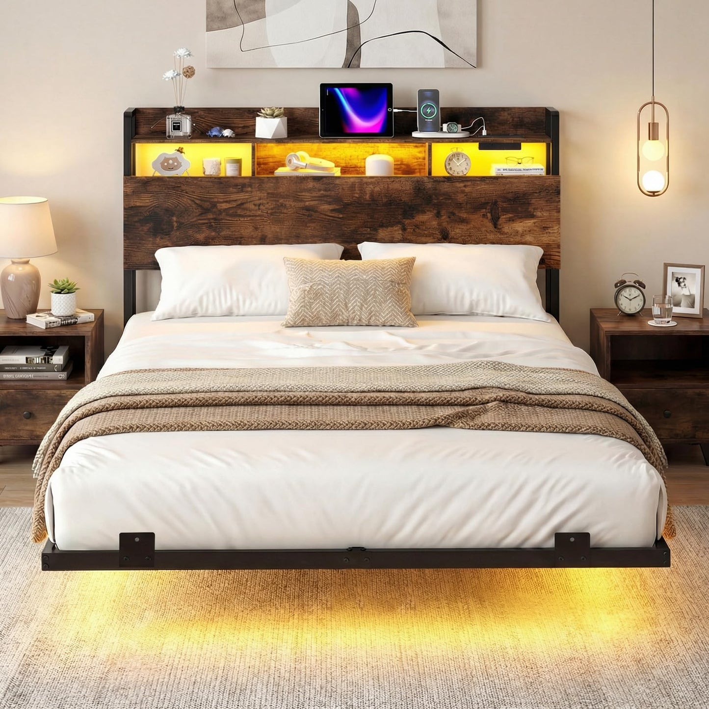 King Size Bed Frame with LED Lights and Charging Station