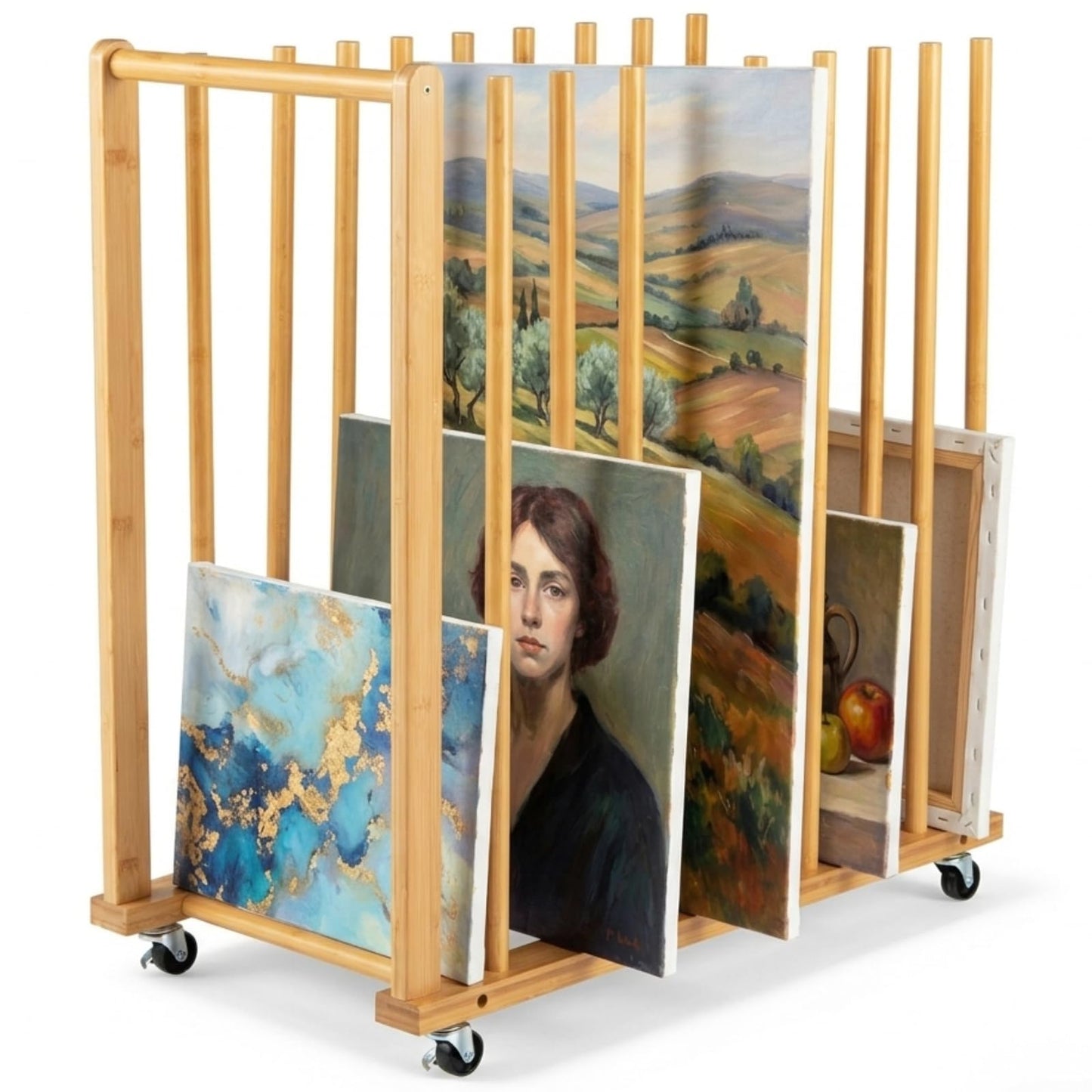 Bamboo Art Storage Rack with 4 Wheels and Side Handle for Canvases and Frames