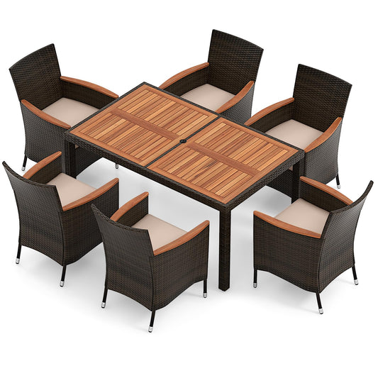 7 Pieces Patio Wicker Dining Set Acacia Wood Table and 6 Stackable Chairs