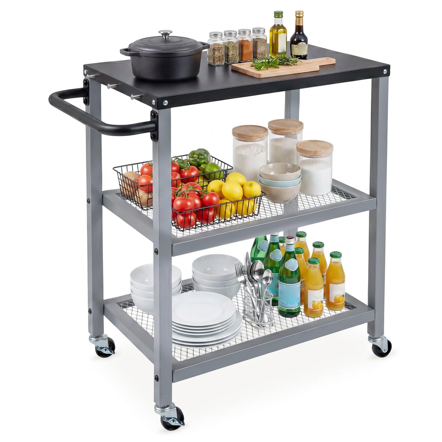 Outdoor Grill Cart on Wheels, Pizza Oven Stand Serving Trolley with Stainless Steel Top, Handle and Hooks