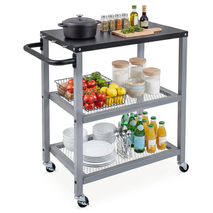 Outdoor Grill Cart on Wheels, Pizza Oven Stand Serving Trolley with Stainless Steel Top, Handle and Hooks