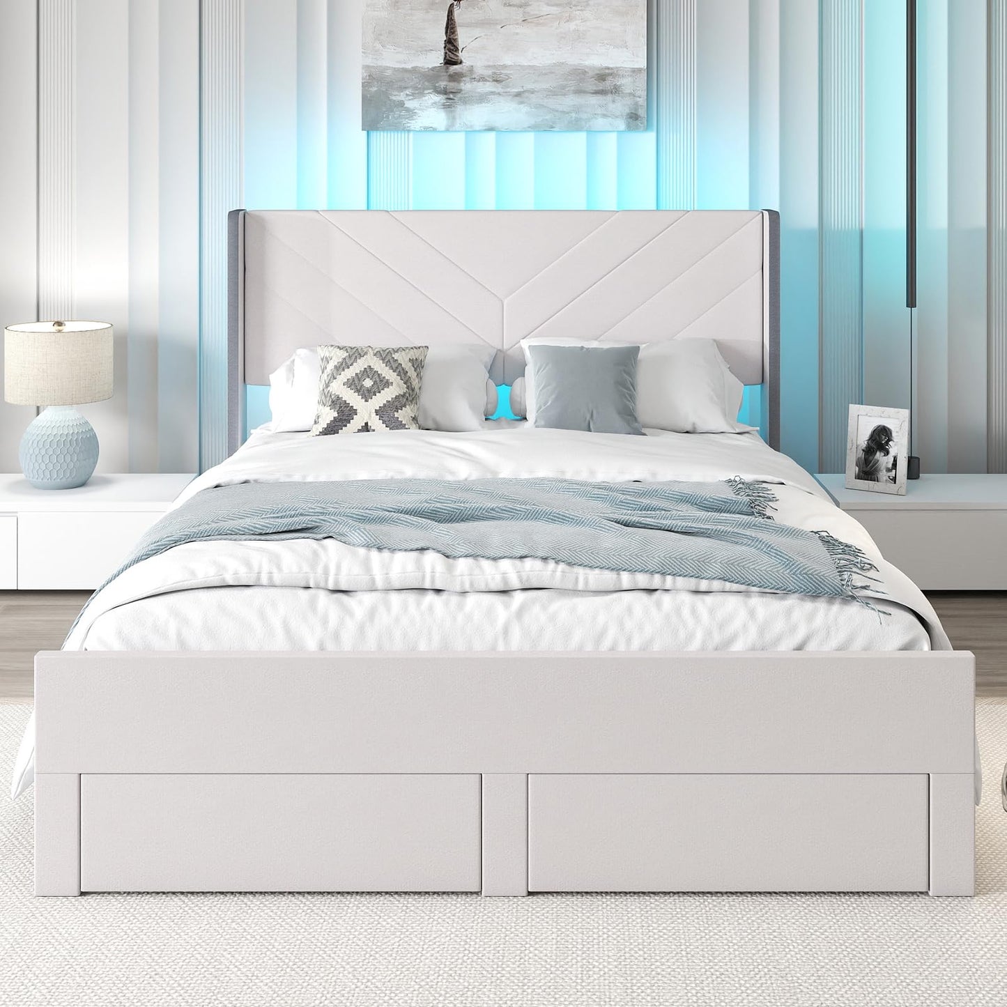 5FT King Size Bed Frame with RGB LED Lights, Velvet Upholstered Platform Beds