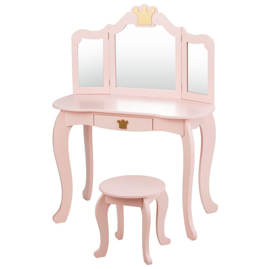 Kids Dressing Table and Stool Set with Tri-fold Mirror and Drawer