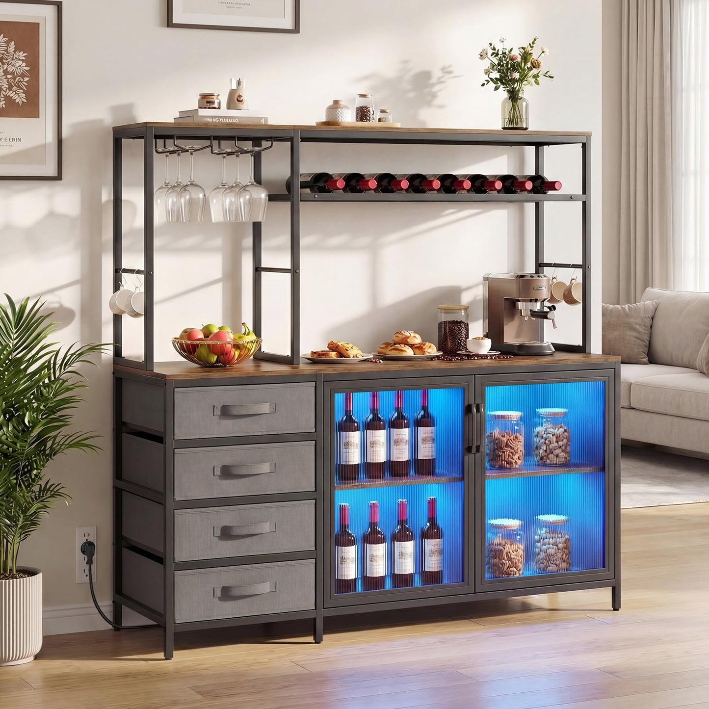 Buffet Sideboard with RGB LED Lights & Power Outlets, Wooden Storage Cabinet