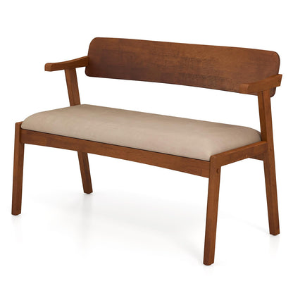 2 Seat Rubber Wood Bench with Padded Seat and Ergonomic Backrest