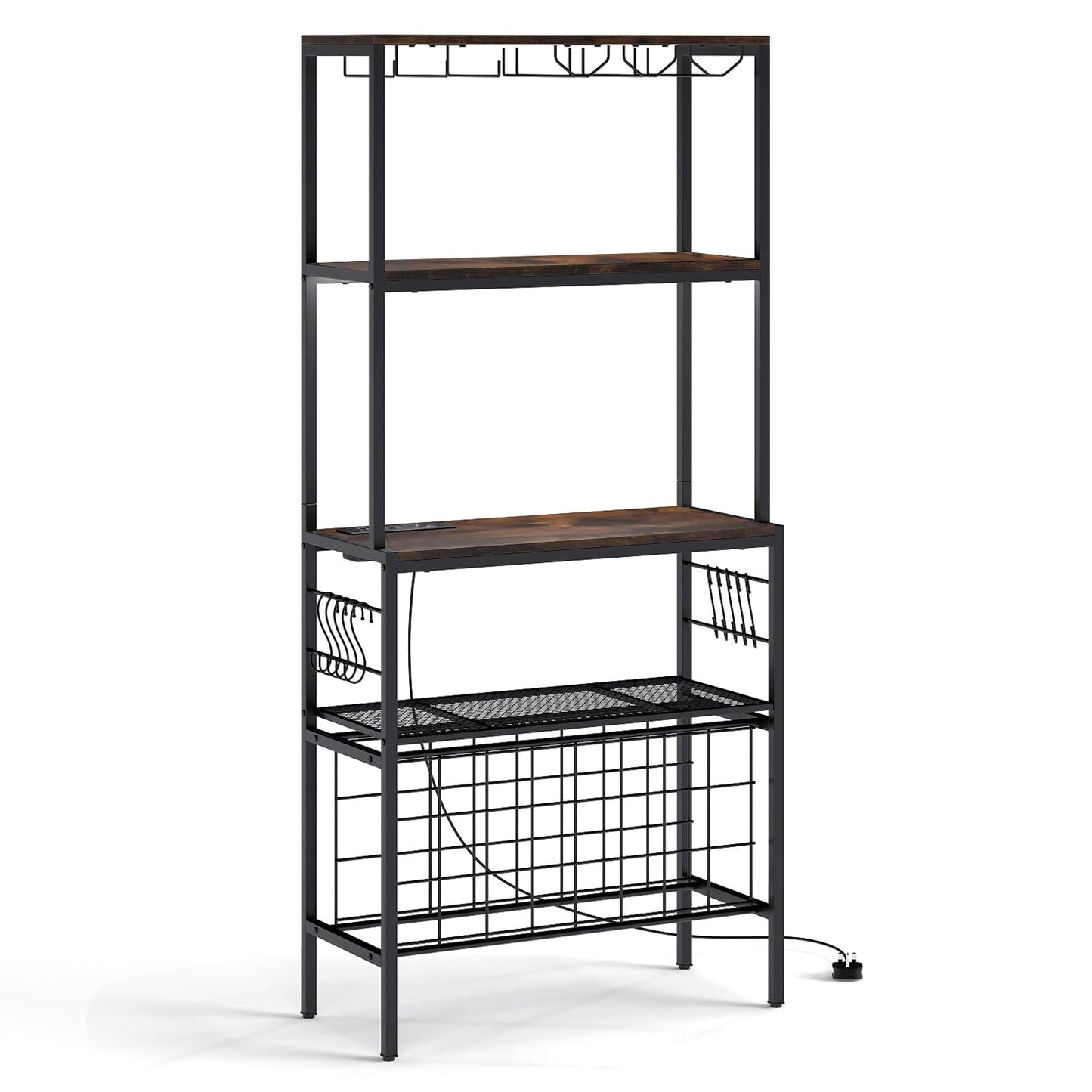 Wine Organizer with Power Outlet Multi-Tier Bakers Rack with Glass