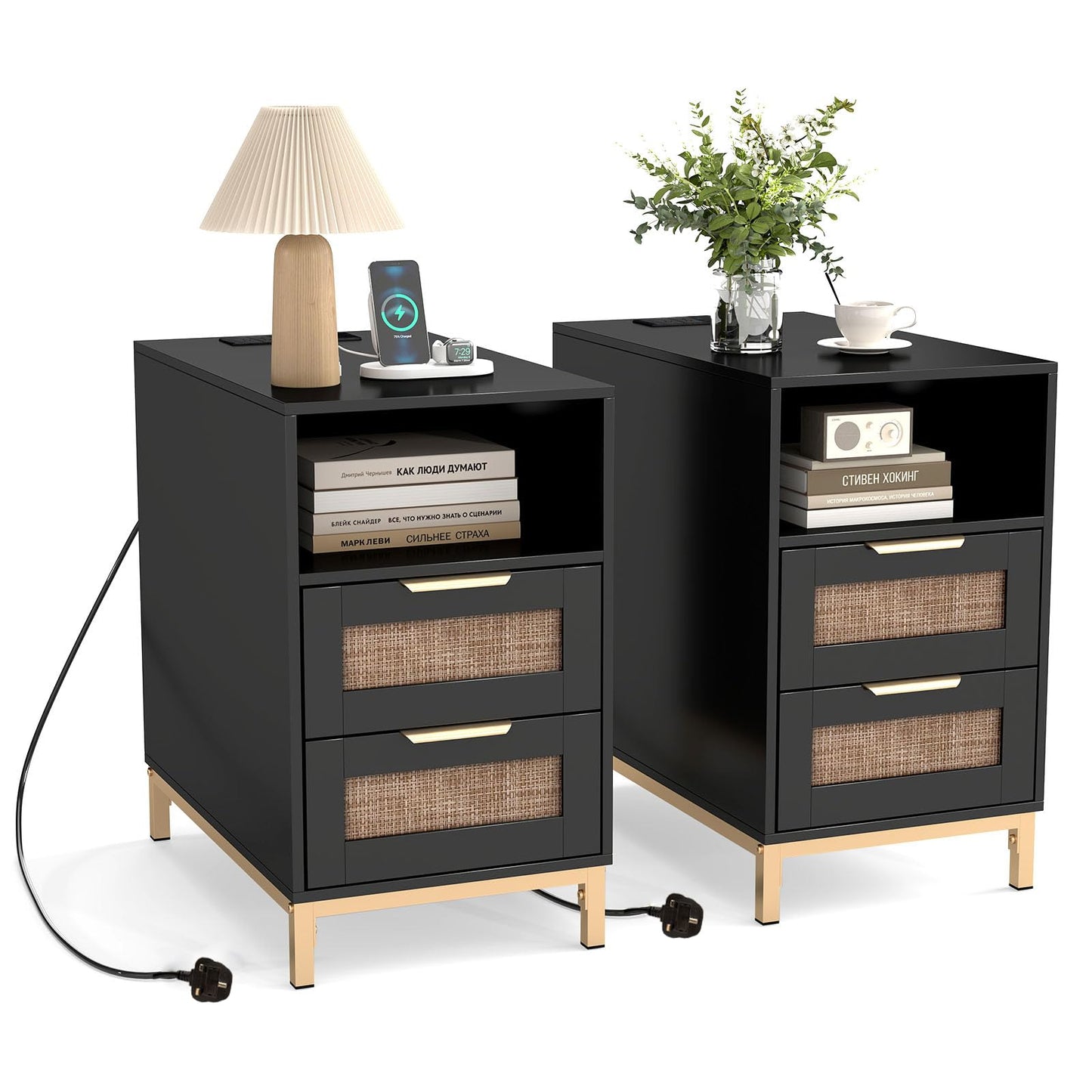 Narrow End Table with Charging Station and 2 Drawers for Bedroom