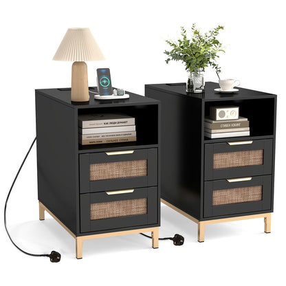 Narrow End Table with Charging Station and 2 Drawers for Bedroom
