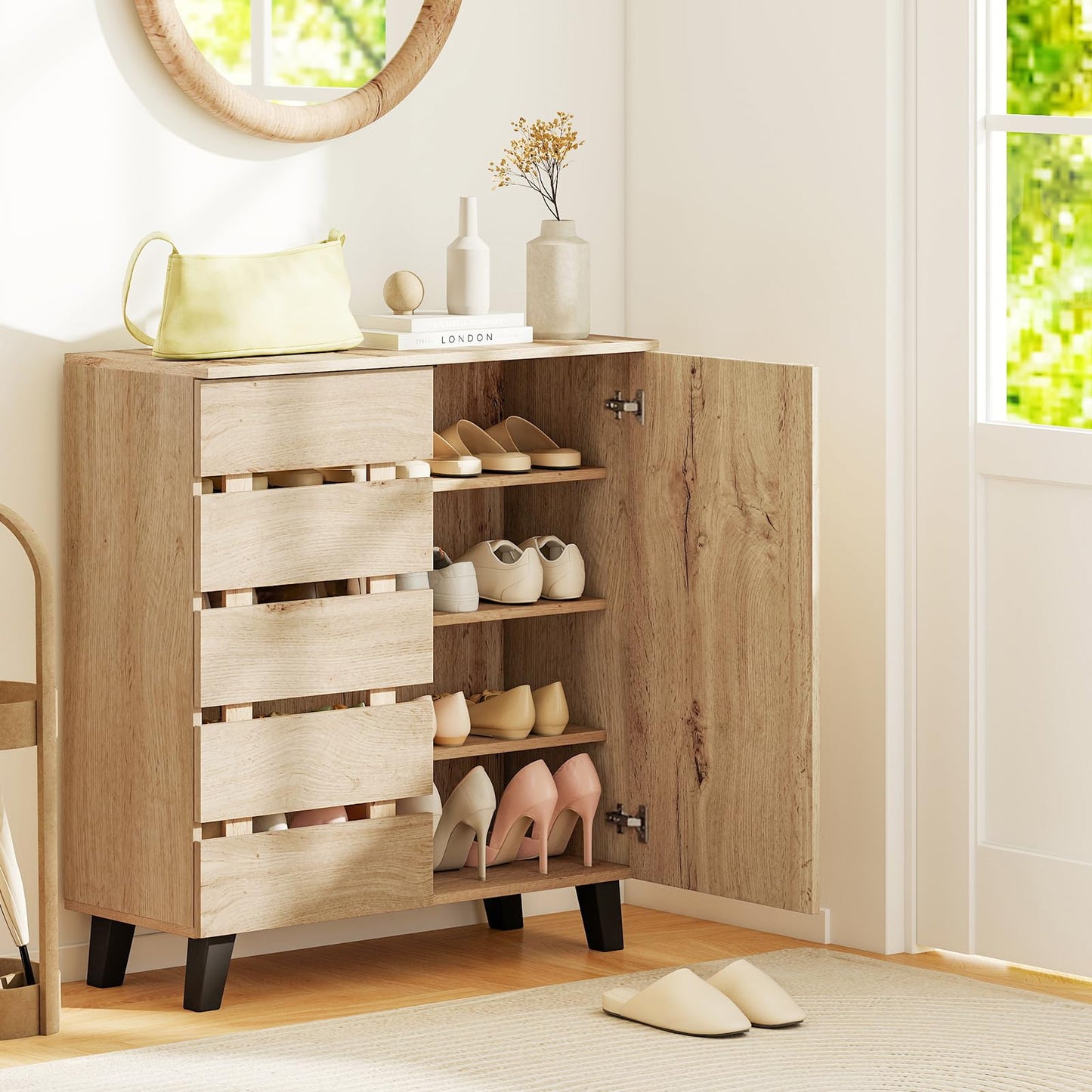 Wooden Shoe Cabinet, 4-Tier Farmhouse Shoe Cupboard with Louvered Door and Removable Shelves