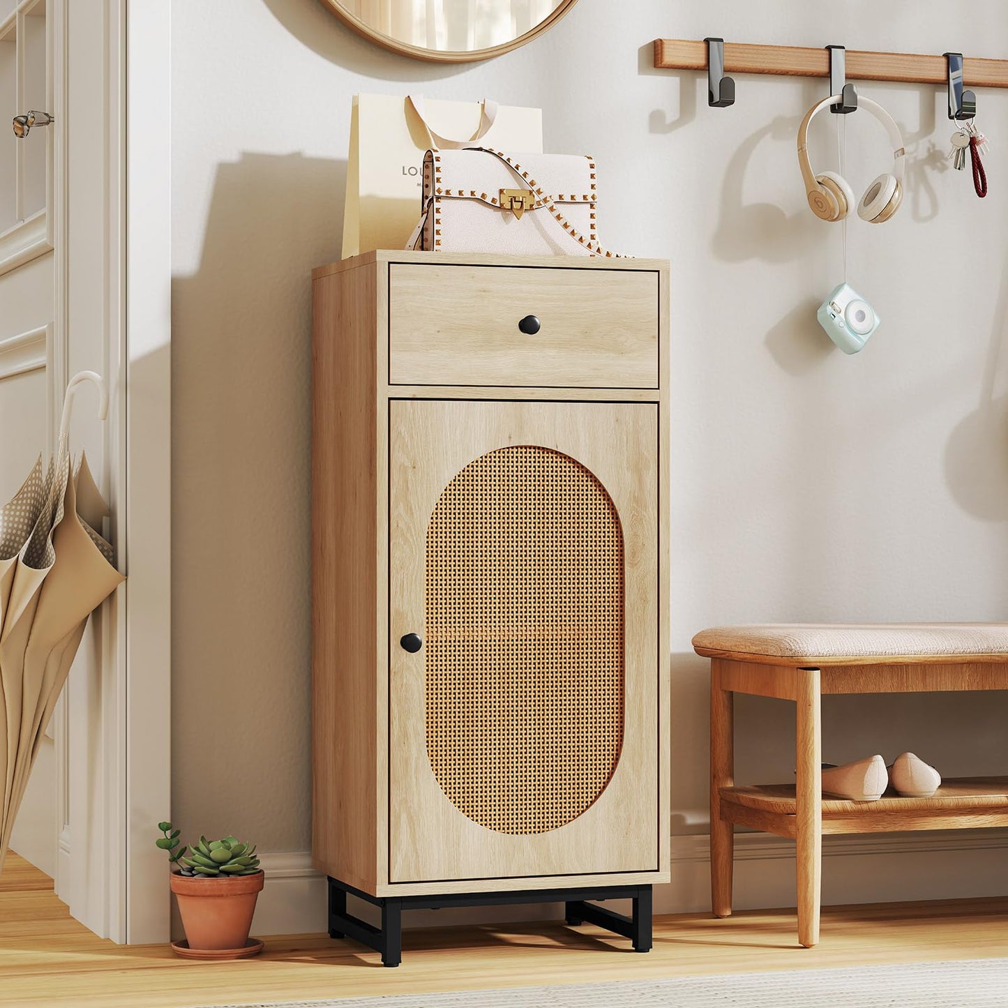 PE Rattan Storage Cabinet with Adjustable Foot Pads and Anti-toppling Kit