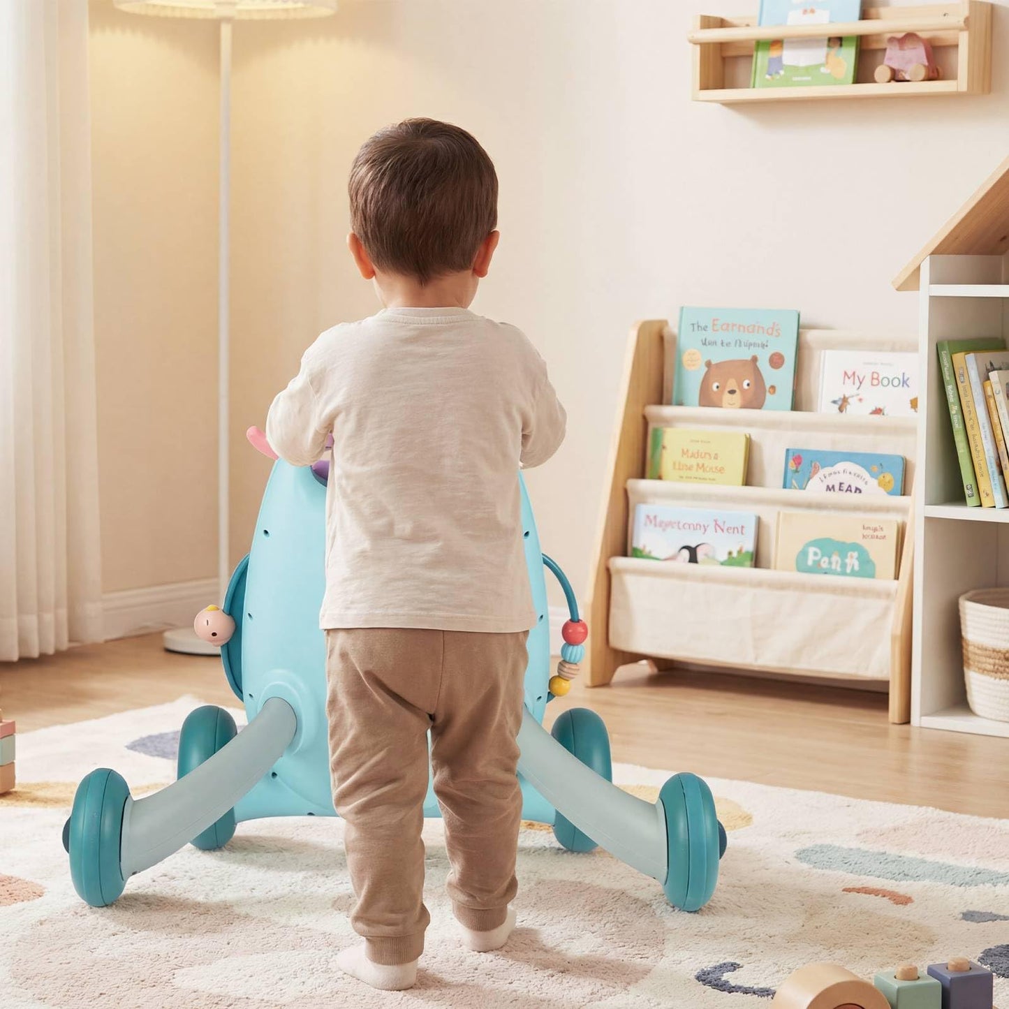 2 in 1 Montessori Baby Walker, Sit to Stand Learning Walkers with Adjustable Rear Wheel