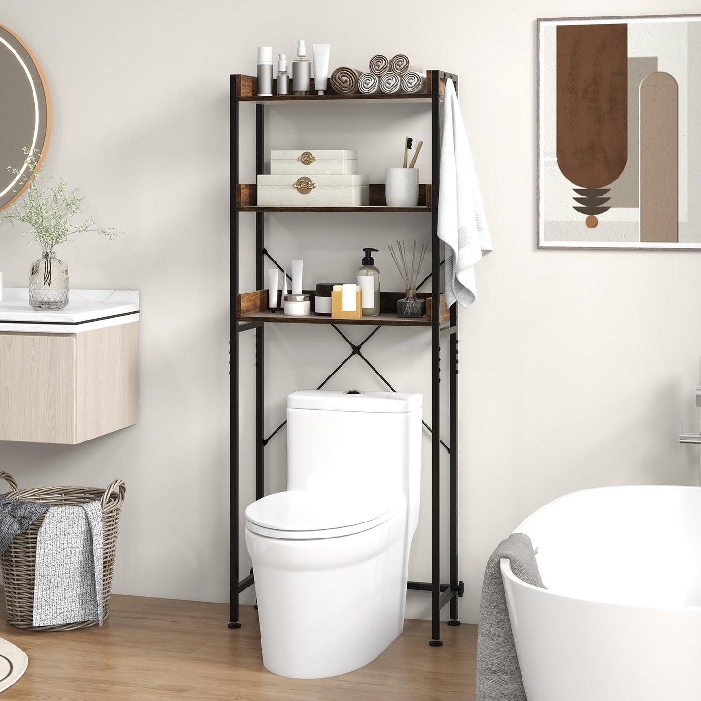 3-Tier Over The Toilet Storage Rack with 4 Hooks and Adjustable Bottom Bar