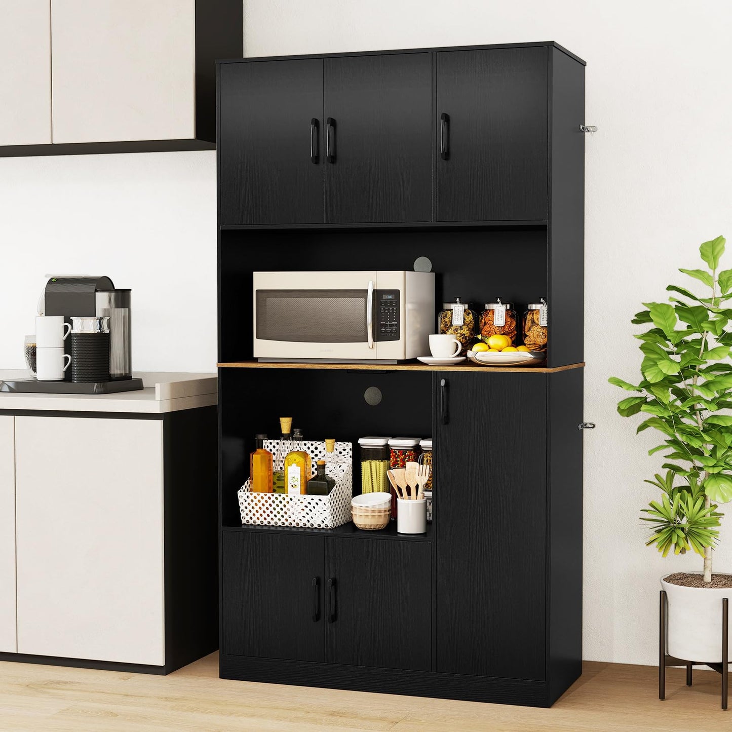 180 cm Tall Pantry Cabinet with Power Outlet and Microwave Stand