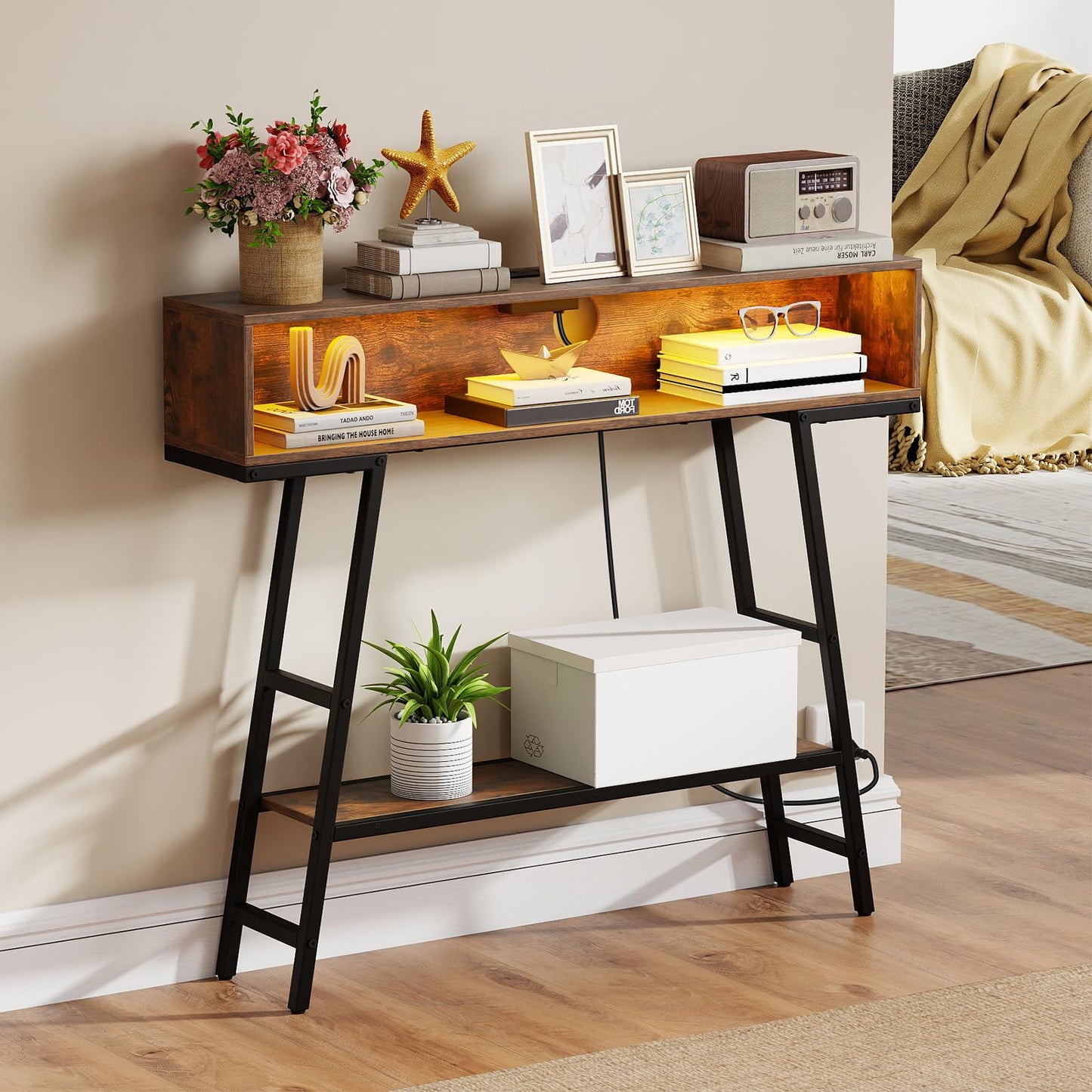 Console Table with LED Lights and Charging Station, 3-Tier Narrow Entryway Table with Storage Shelves