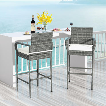 All Weather Outdoor Wicker Bar Stools Set with Soft Seat Cushions