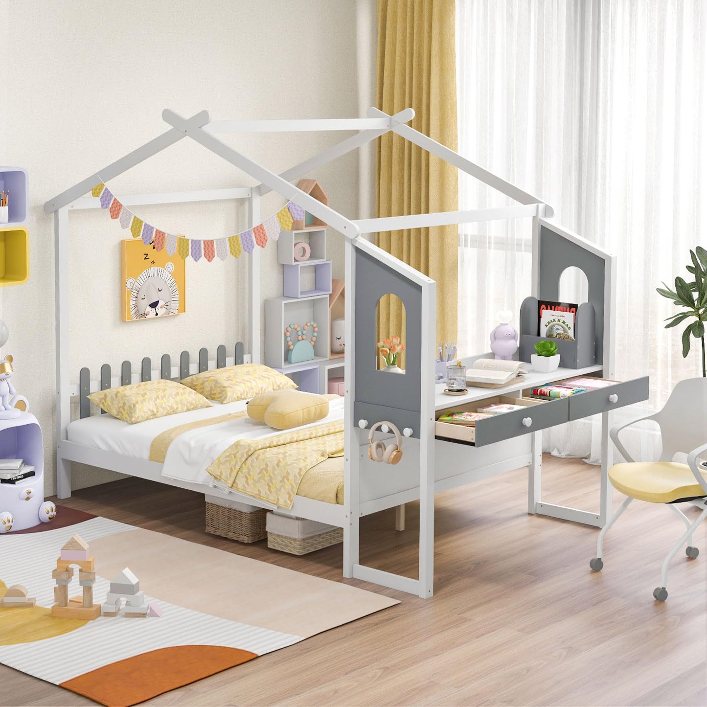 Single/Double House Bed Wood Montessori Bed Frame with Desk