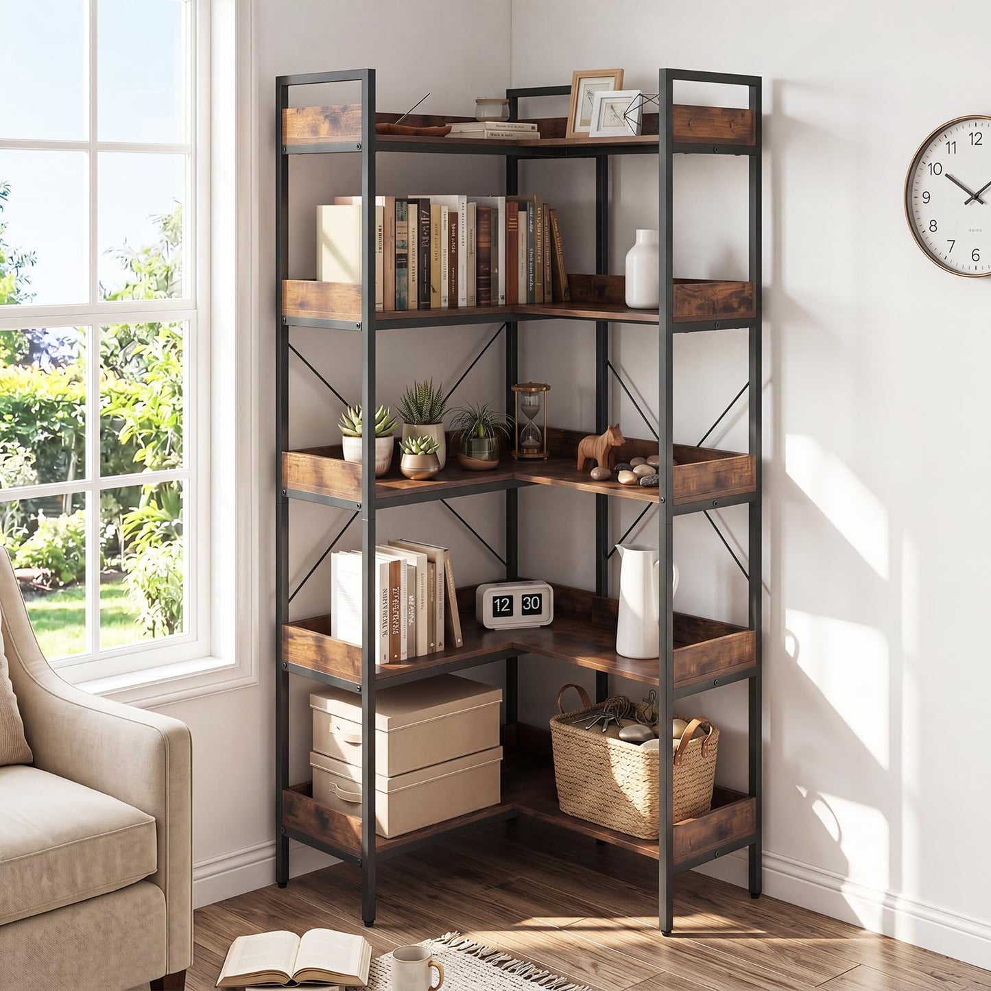 5-Tier Corner Bookshelf, 113cm Convertible L-shaped Bookcase