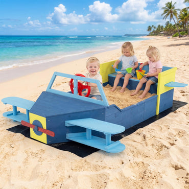 Wooden Kids Sandpit, Glider-Shape Sand Box with Bench Seat, Propeller, Rotatable Rudder