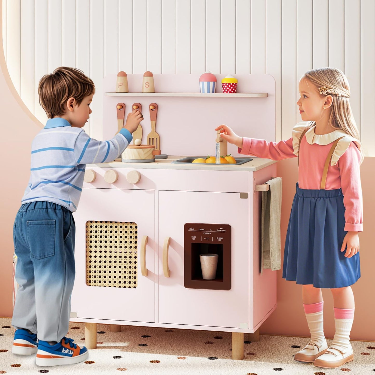 Play Kitchen for Kids with Realistic Ice Maker and Stove Cooking Toy Kitchen