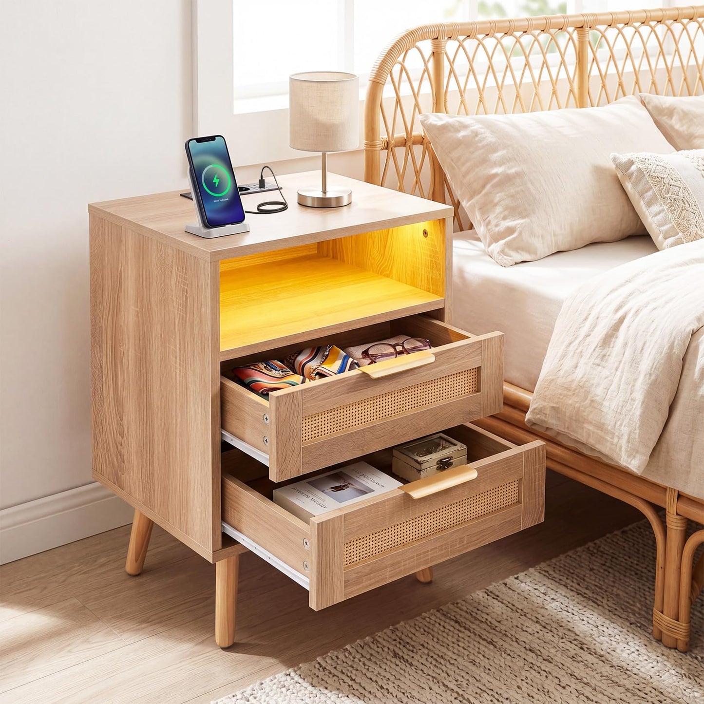 Rattan Bedside Table with Charging Station and LED Lights