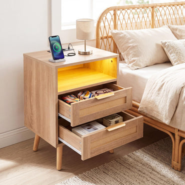 Rattan Bedside Table with Charging Station and LED Lights
