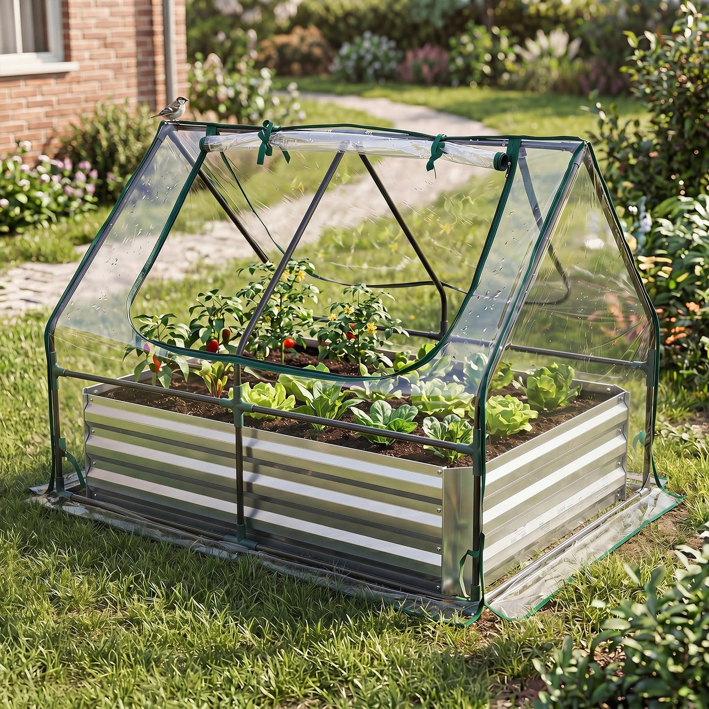 Raised Garden Bed with Greenhouse, Outdoor Elevated Planter Box with PVC/PE Cover