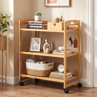 3-Tier Bamboo Rolling Cart with 2 Lockable Wheels and 3 Hooks for Kitchen